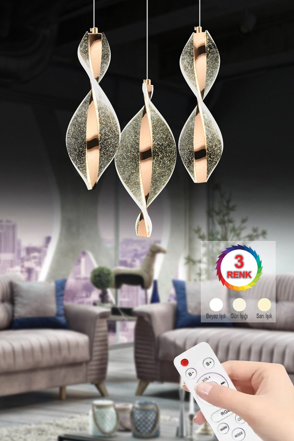 Mars 3'lü Kumandalı Gold Led 3 Renk Modern Ledli Avize
