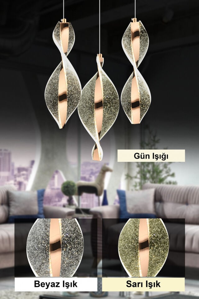 Mars 3'lü Kumandalı Gold Led 3 Renk Modern Ledli Avize