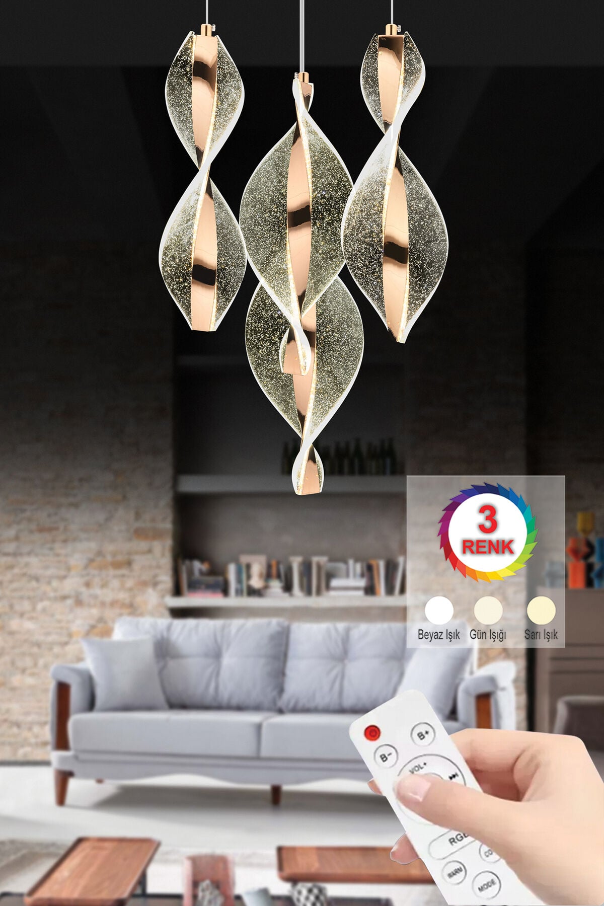 Mars 4'lü Kumandalı Gold Led 3 Renk Modern Ledli Avize