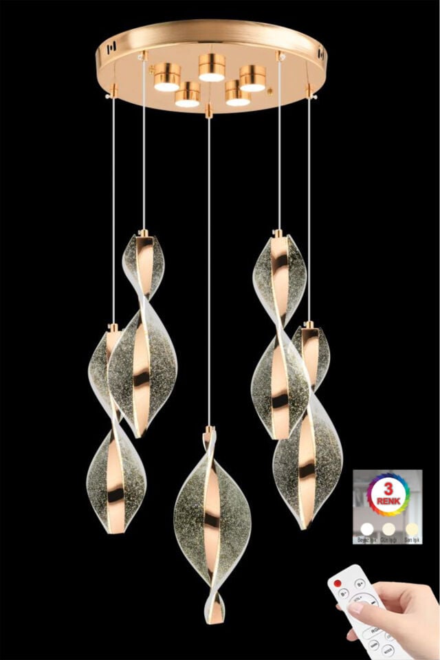 Mars 5'li Kumandalı Gold Led 3 Renk Modern Ledli Avize