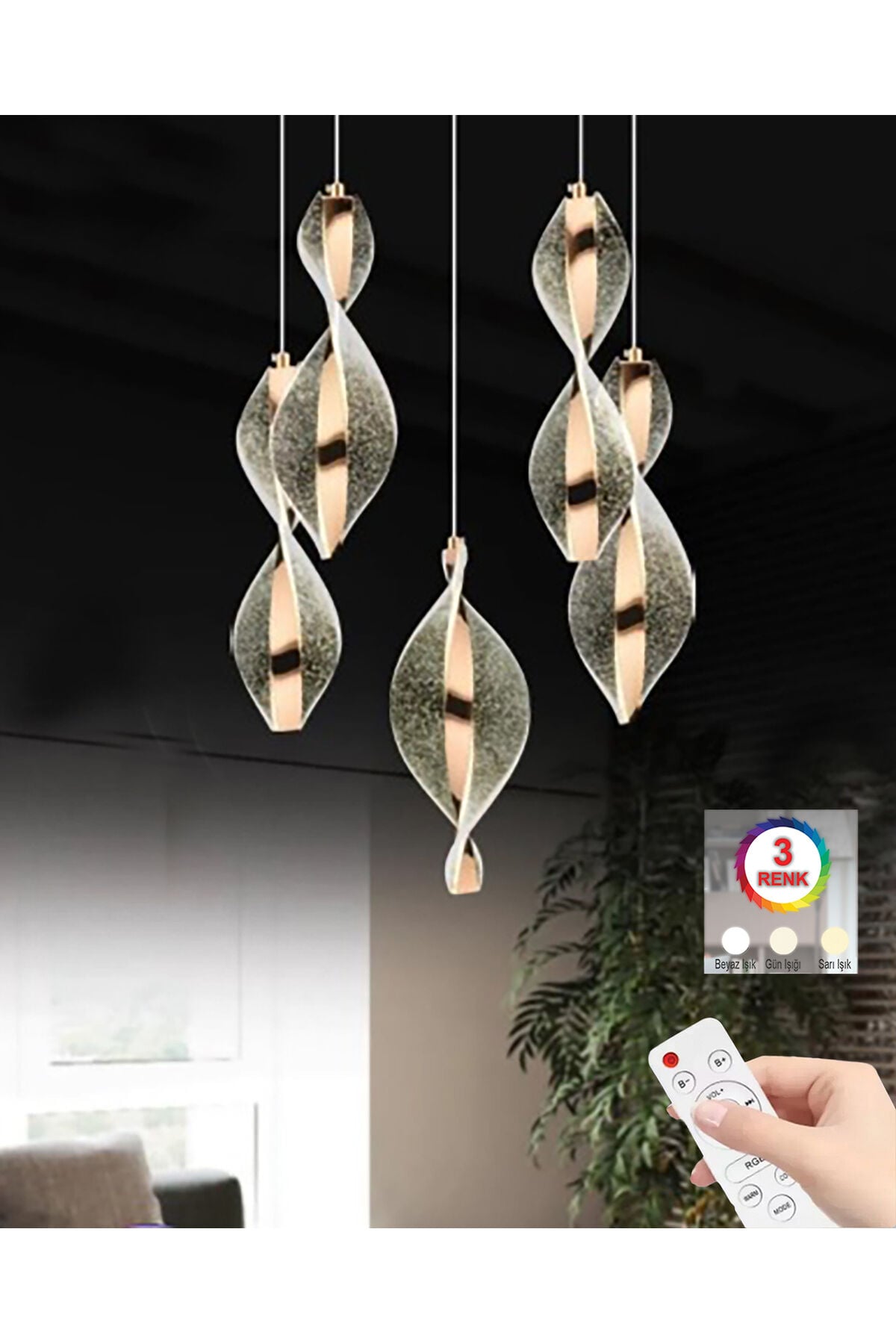 Mars 5'li Kumandalı Gold Led 3 Renk Modern Ledli Avize