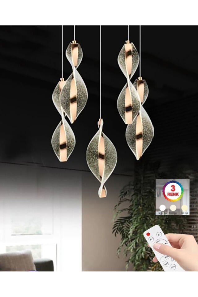 Mars 5'li Kumandalı Gold Led 3 Renk Modern Ledli Avize
