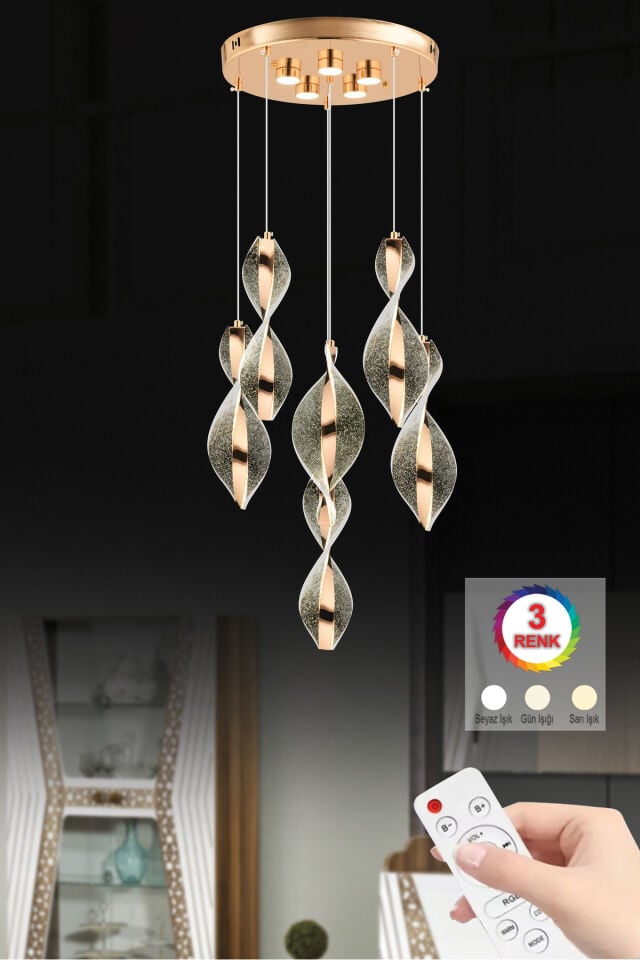 Mars 6'lı Kumandalı Gold Led 3 Renk Modern Ledli Avize