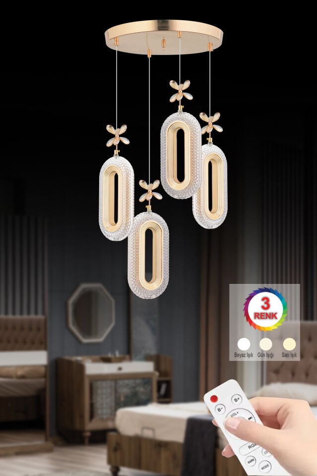 Alfa 4 lü Gold Kumandalı ledli Avize