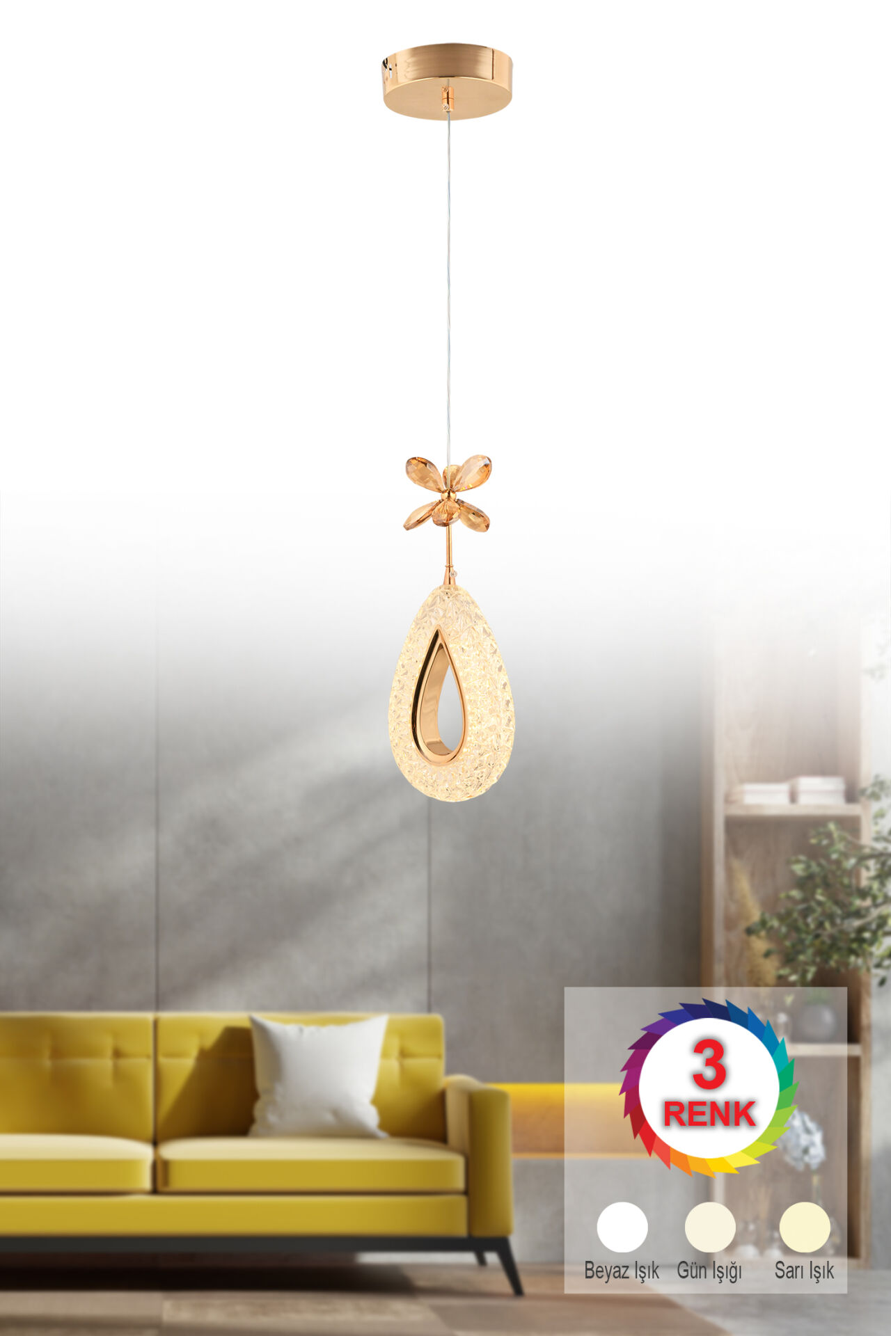 Hera Tekli Gold 3 Renk Ledli Avize