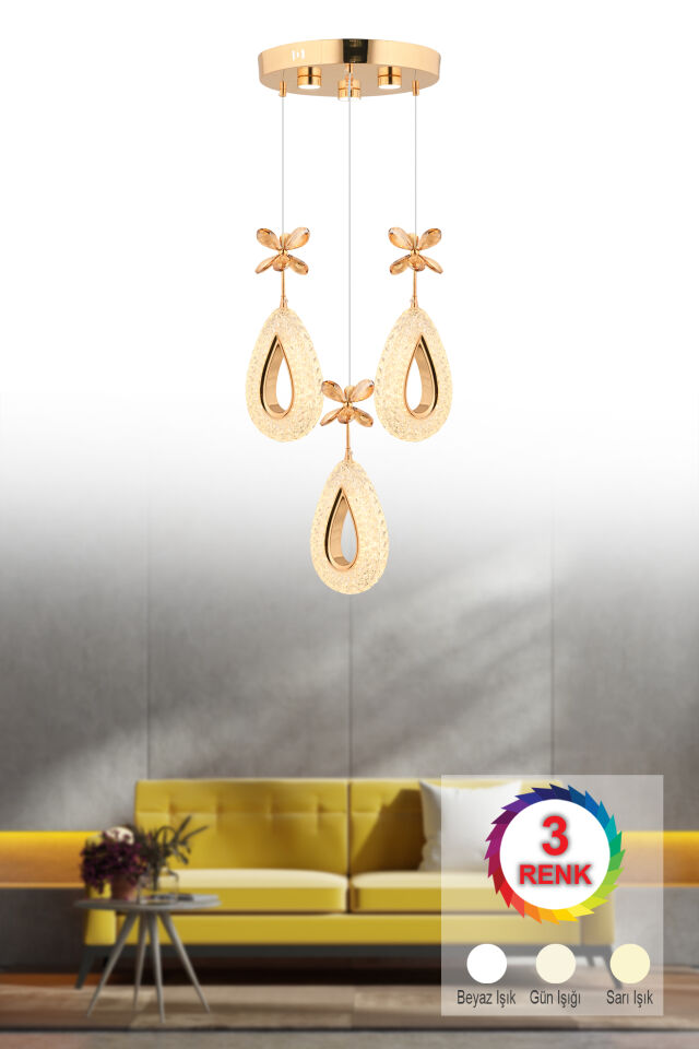 Hera 3 Lü Gold 3 Renk Kumandalı Ledli Avize