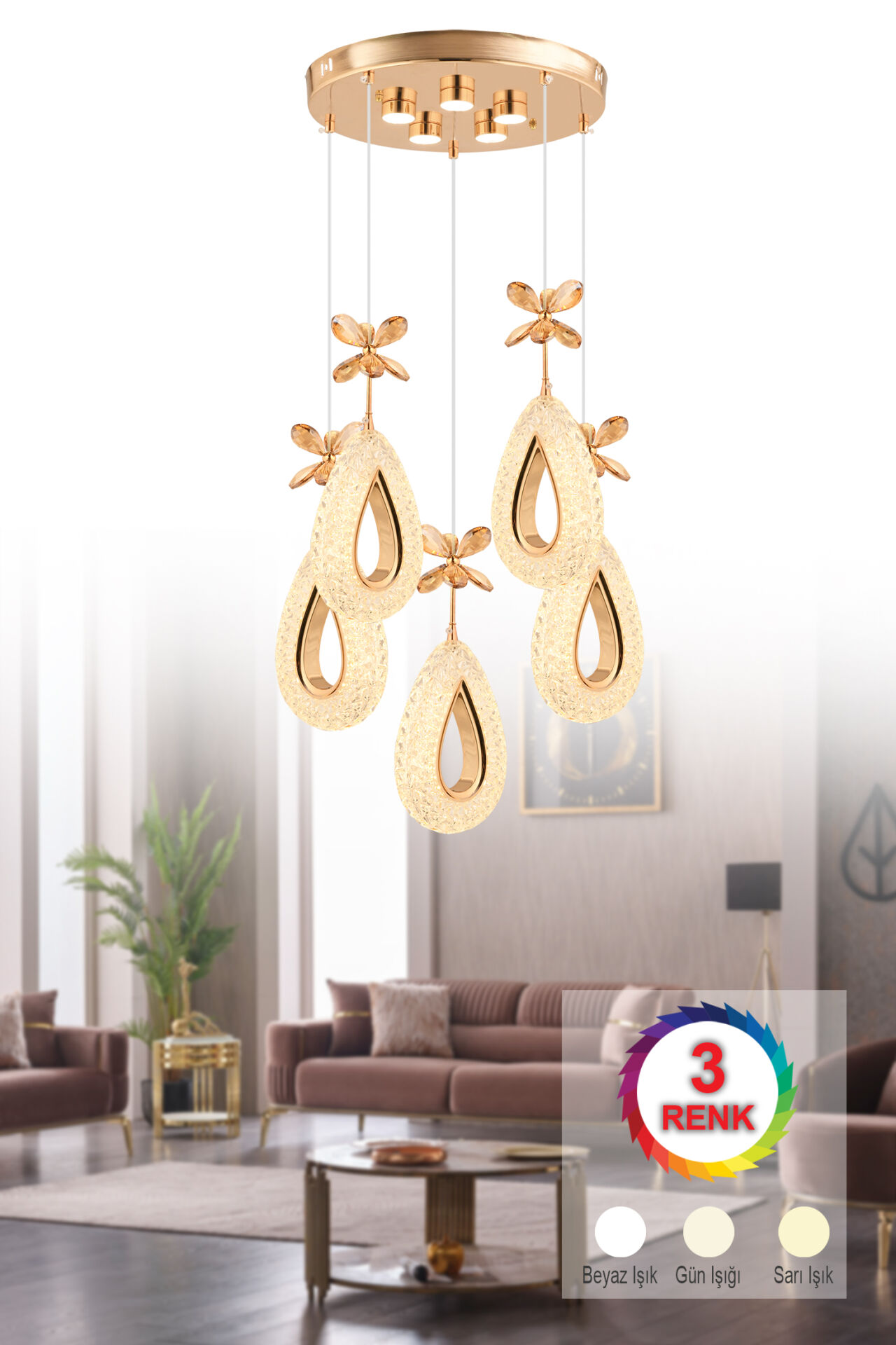Hera 5 Li Gold 3 Renk Kumandalı Ledli Avize
