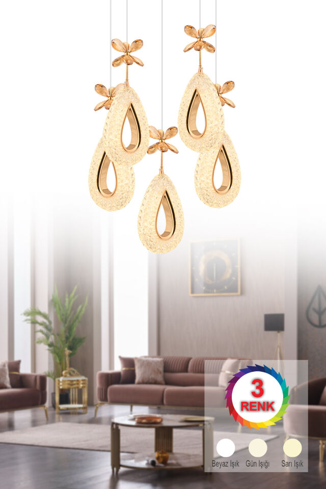 Hera 5 Li Gold 3 Renk Kumandalı Ledli Avize