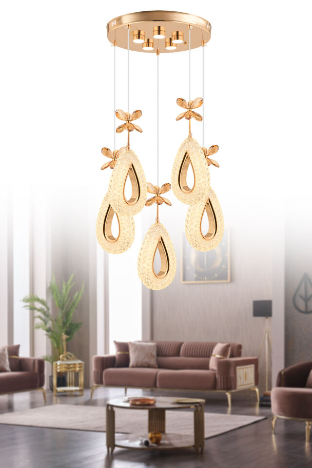 Hera 5 Li Gold 3 Renk Kumandalı Ledli Avize