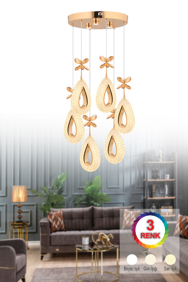 Hera 6 Lı Gold 3 Renk Kumandalı Ledli Avize