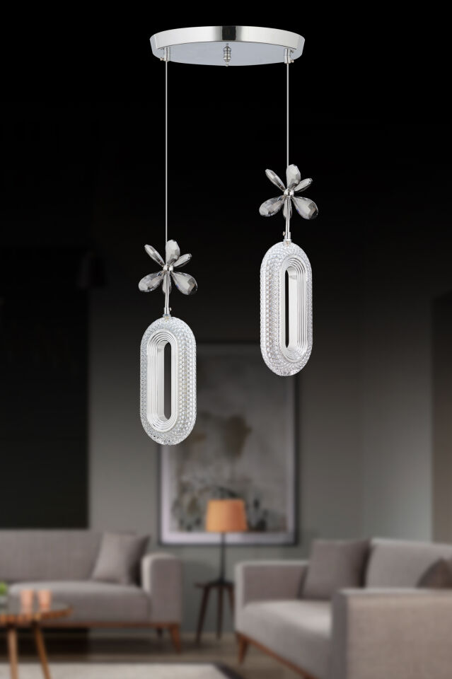 Led Alfa 2'li Gümüş Kumandalı 3 Renk Ledli Modern Led Avize