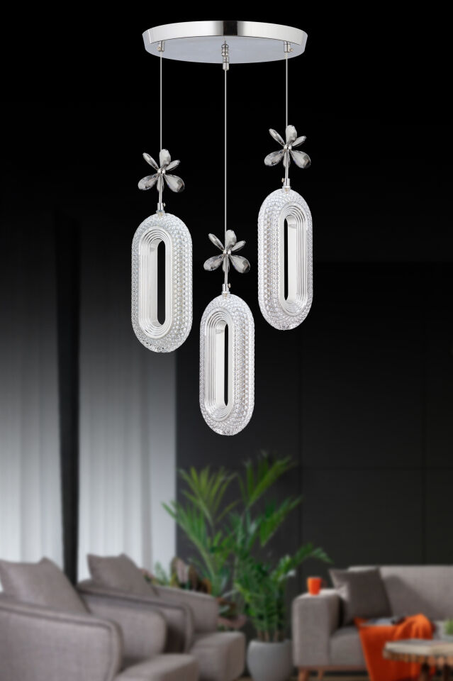 Led Alfa 3'lü Gümüş Kumandalı 3 Renk Ledli Modern Led Avize