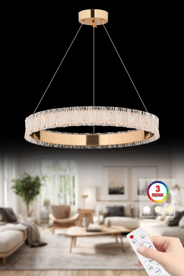 Lavanta 50 cm Gold 3 Renk Kumandalı Lüx Led Modern Ledli Avize