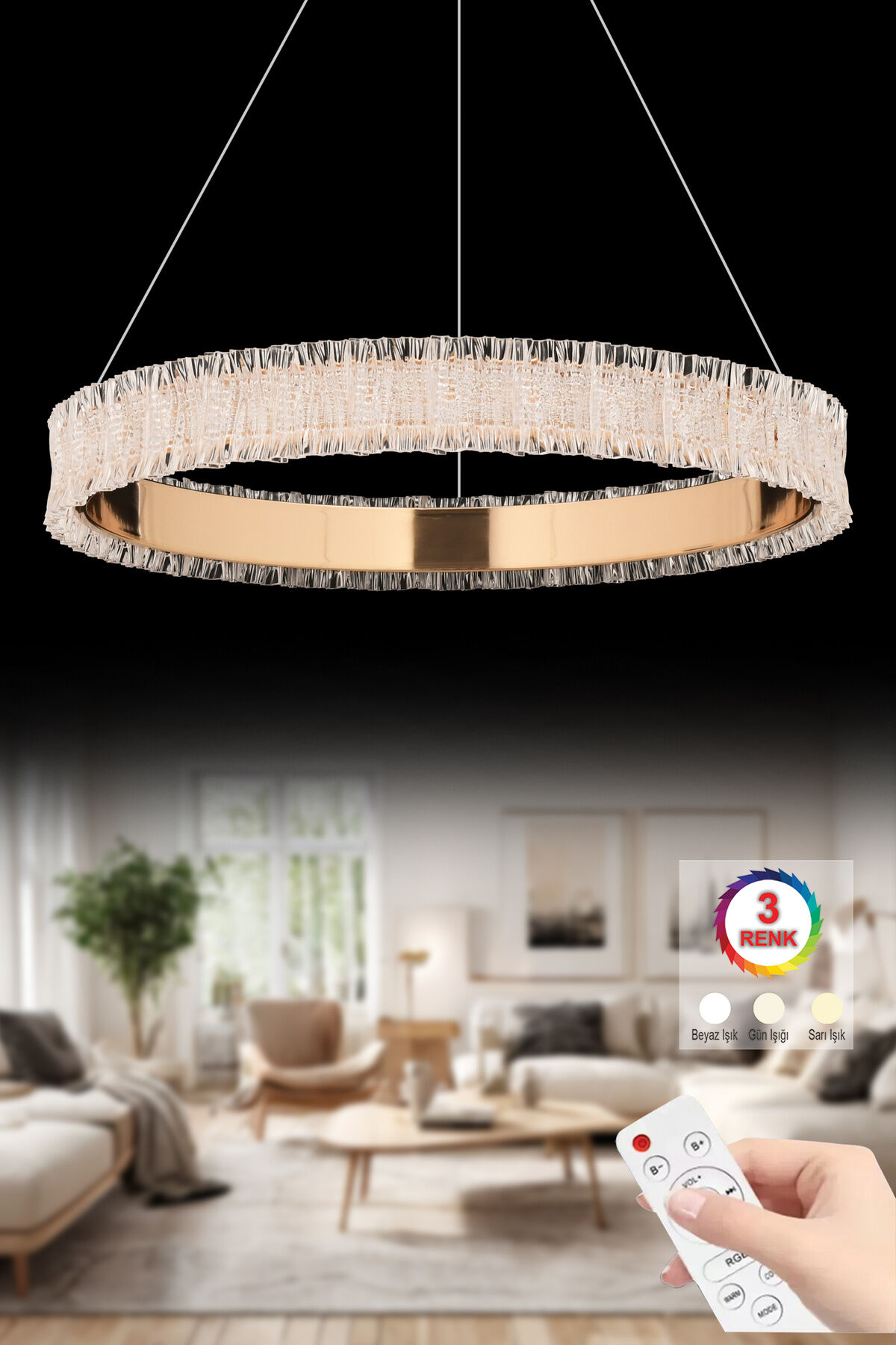 Lavanta 50 cm Gold 3 Renk Kumandalı Lüx Led Modern Ledli Avize