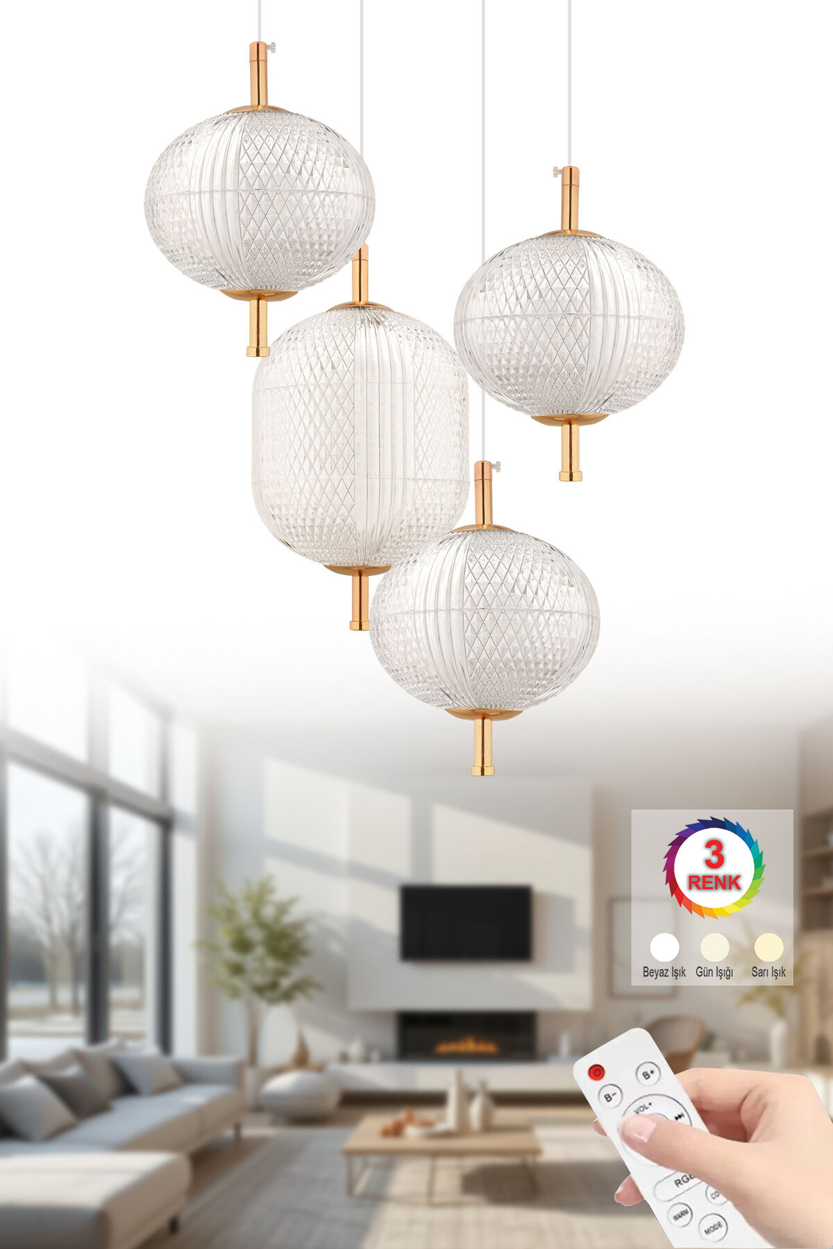 Baget 4'lü Gold 3 Renk Kumandalı Lüx Led Modern Ledli Avize
