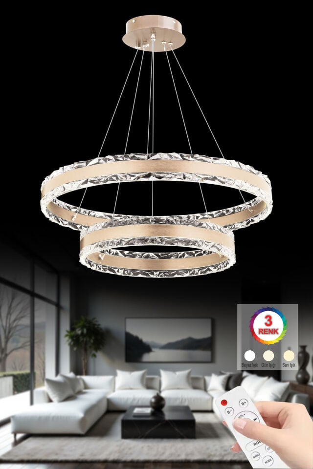 Claire Çift Katlı Rose Gold Kumandalı 3 Renk Ledli Modern Lüx Led Avize
