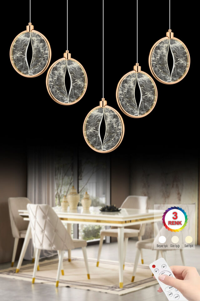 Asya Yemek Masası 5'li Gold Kumandalı 3 Renk Ledli Modern Lüx Led Avize