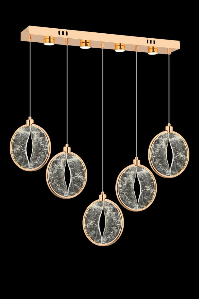 Asya Yemek Masası 5'li Gold Kumandalı 3 Renk Ledli Modern Lüx Led Avize
