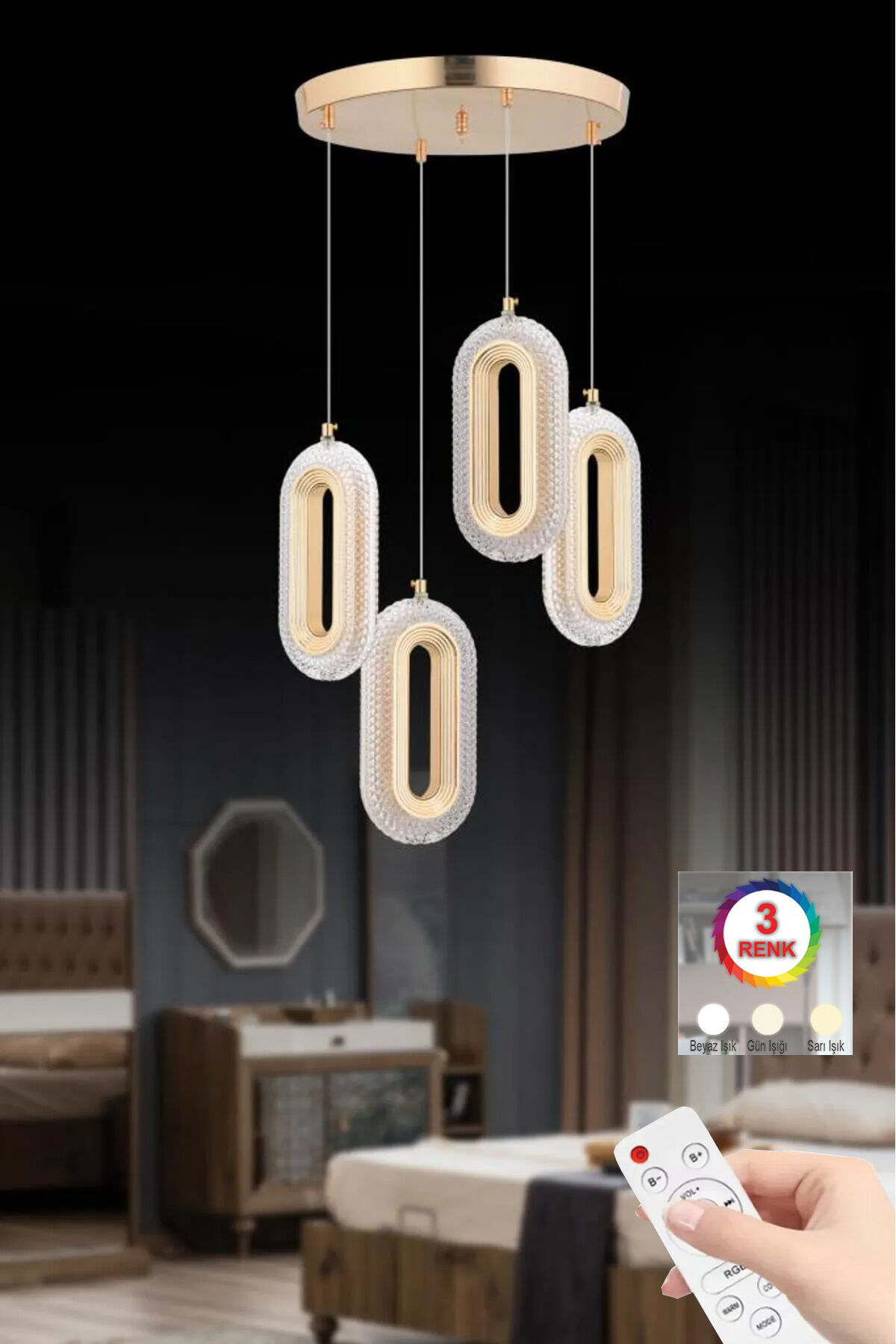 İstanbul Avize Beta 4'lü Gold Ledli Modern Kumandalı 3 Renk Led Avize