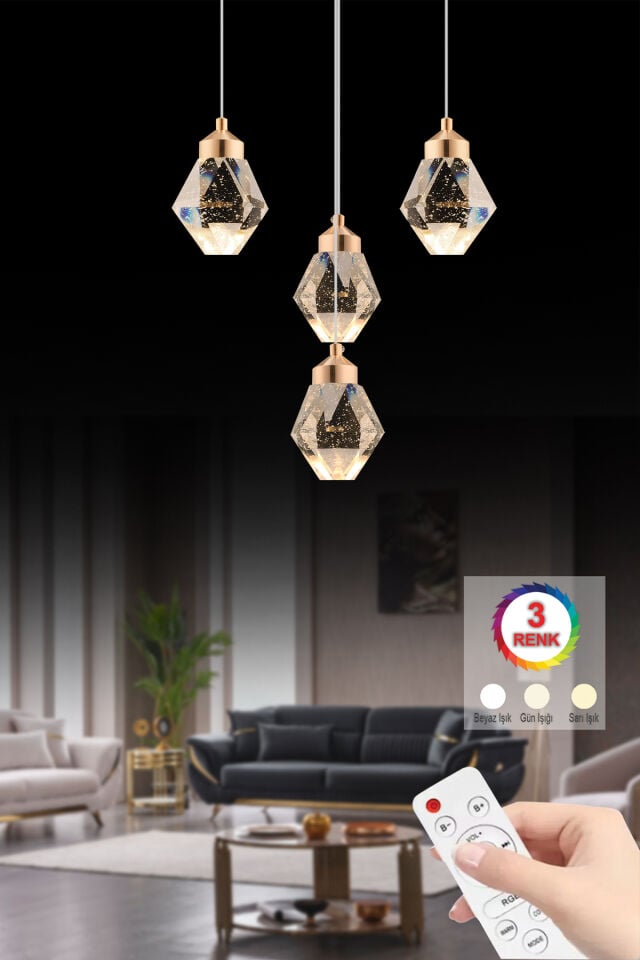 İstanbul Avize Kabarcıklı Liya 4'lü Gold Kumandalı Ledli Modern 3 Renk Led Avize