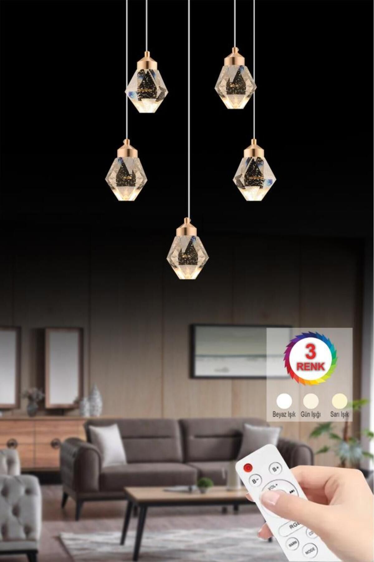 İstanbul Avize Kabarcıklı Liya 5'li Gold Kumandalı Ledli Modern 3 Renk Led Avize