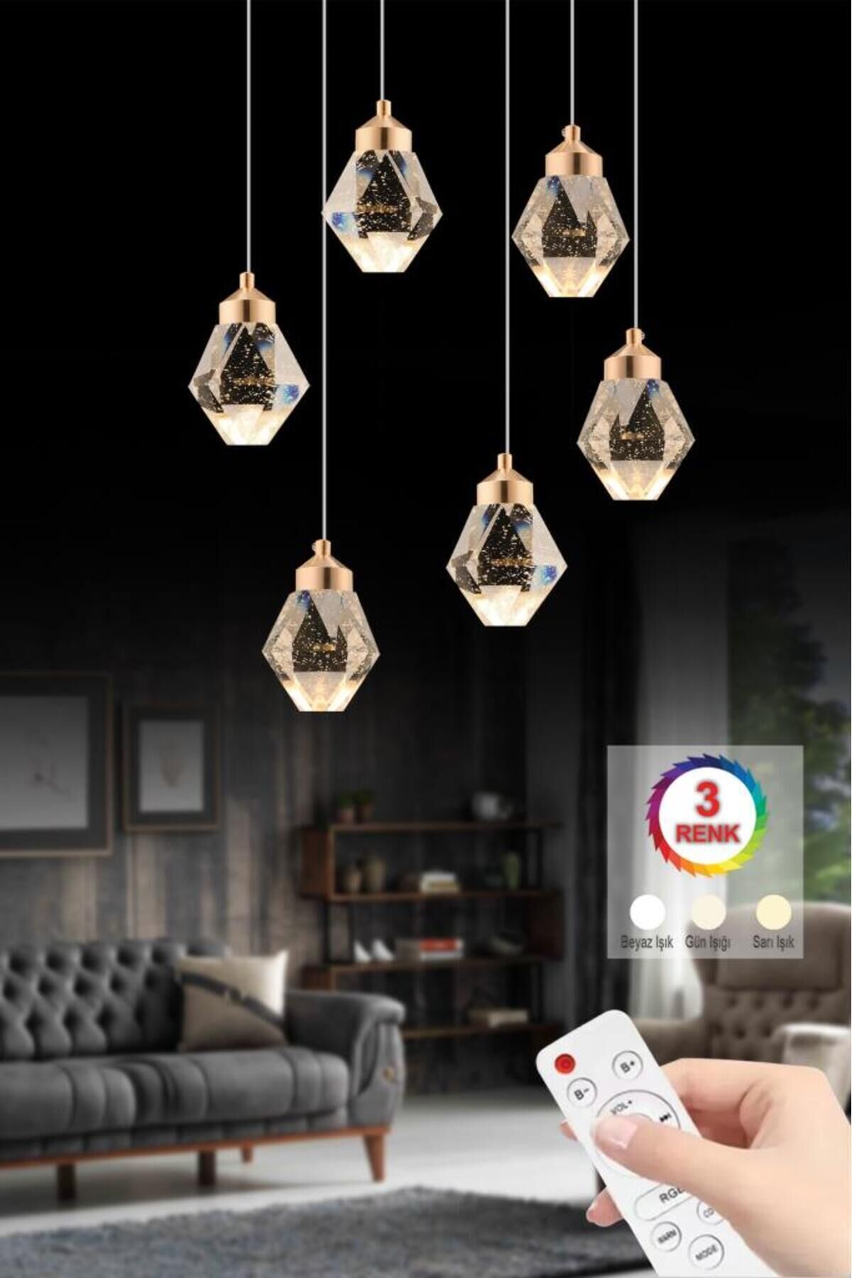 İstanbul Avize Kabarcıklı Liya 6'lı Gold Kumandalı Ledli Modern 3 Renk Led Avize