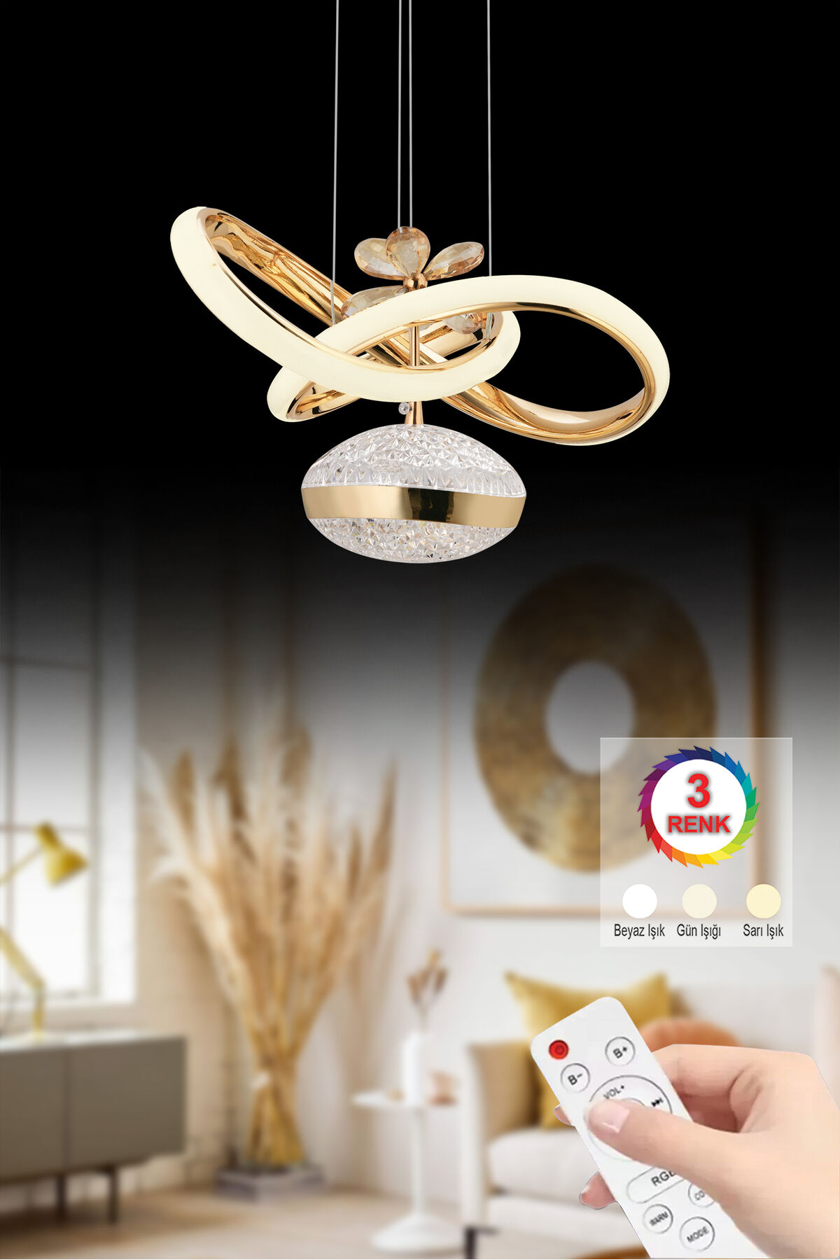 Lina Gold Begonvil Kasalı 3 Renk Kumandalı Ledli Modern Led Avize