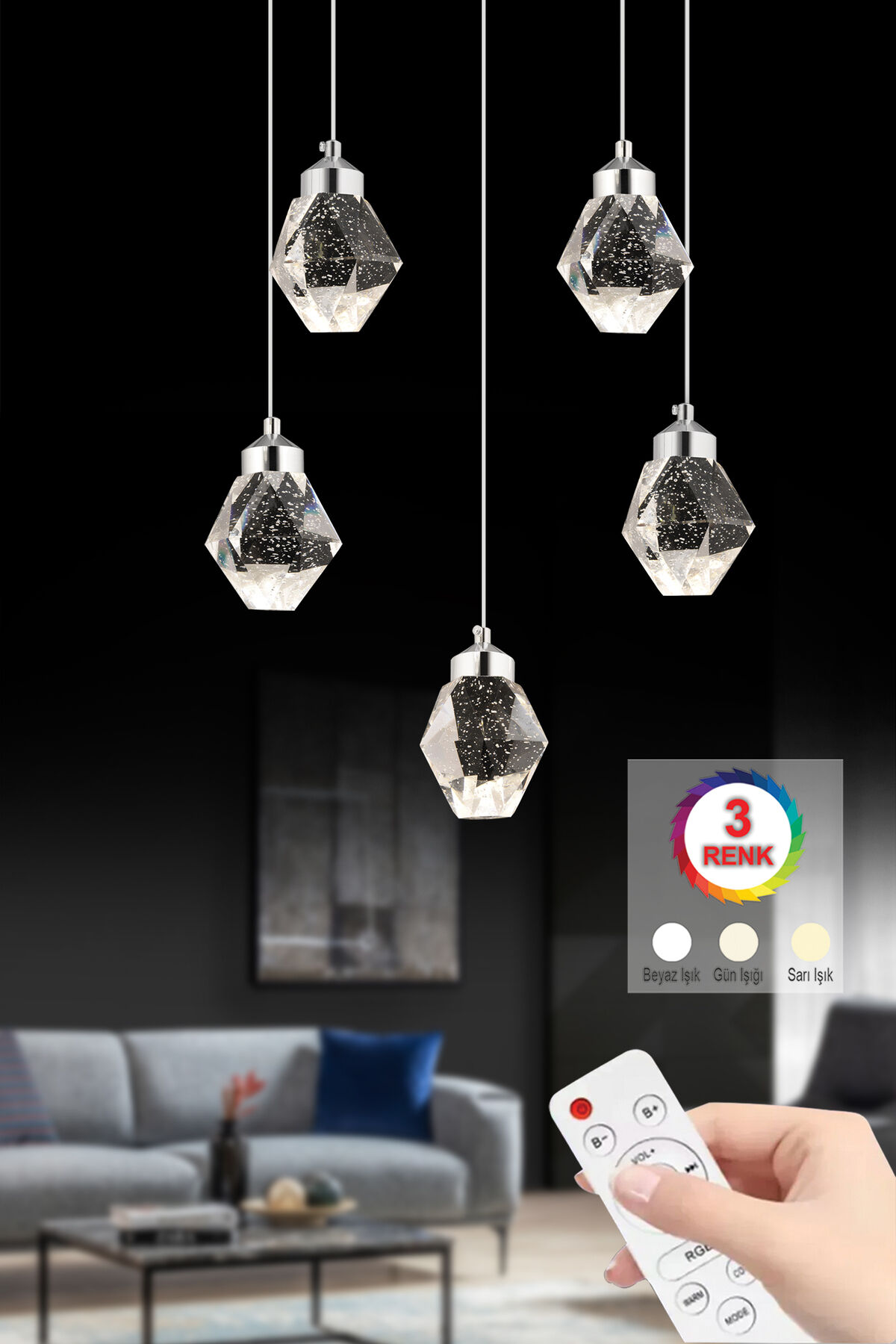 İstanbul Avize Kabarcıklı Liya 5'li Gümüş Kumandalı 3 Renk Ledli Modern Led Avize