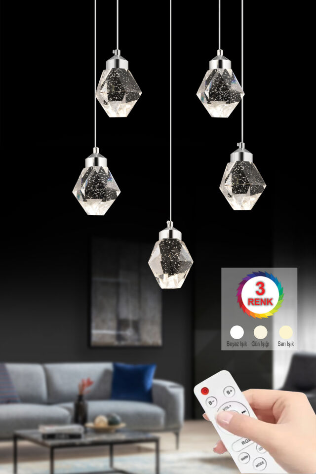 İstanbul Avize Kabarcıklı Liya 5'li Gümüş Kumandalı 3 Renk Ledli Modern Led Avize