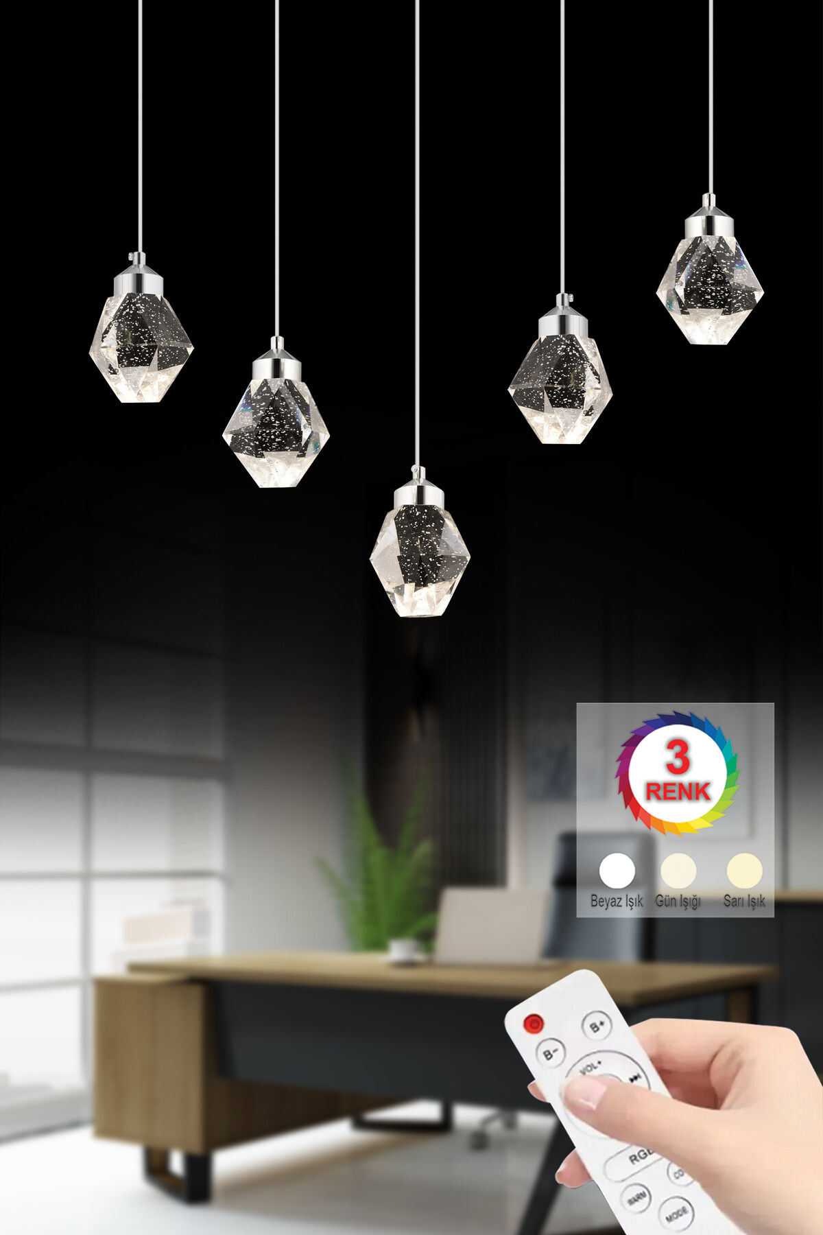 İstanbul Avize Kabarcıklı Yemek Masası Liya 5'li Gümüş Kumandalı 3 Renk Ledli Led Avize