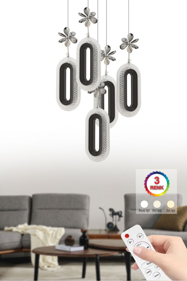 İstanbul Avize Led Alfa 5'li Siyah Kumandalı 3 Renk Ledli Modern Led Avize