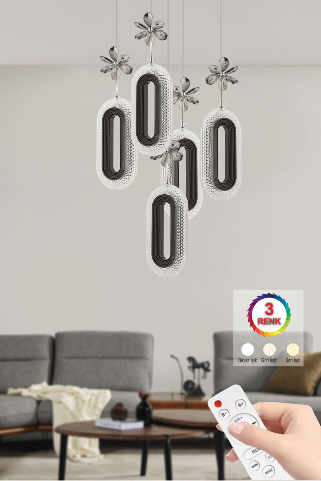 İstanbul Avize Led Alfa 5'li Siyah Kumandalı 3 Renk Ledli Modern Led Avize