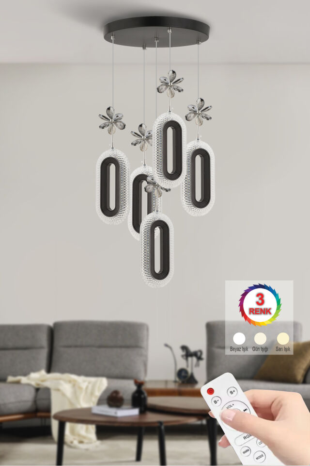 İstanbul Avize Led Alfa 5'li Siyah Kumandalı 3 Renk Ledli Modern Led Avize