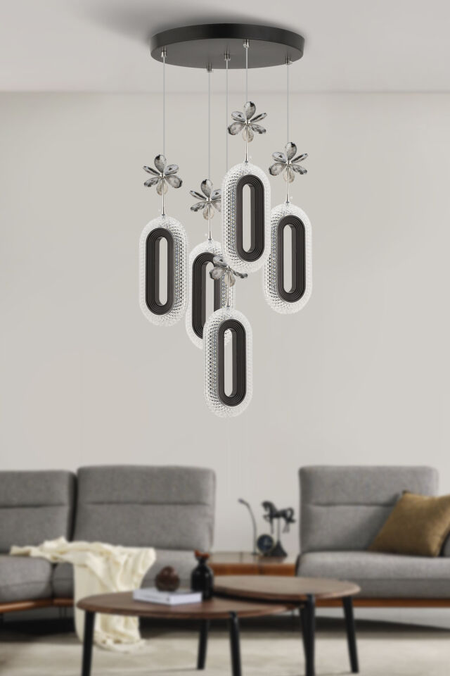İstanbul Avize Led Alfa 5'li Siyah Kumandalı 3 Renk Ledli Modern Led Avize