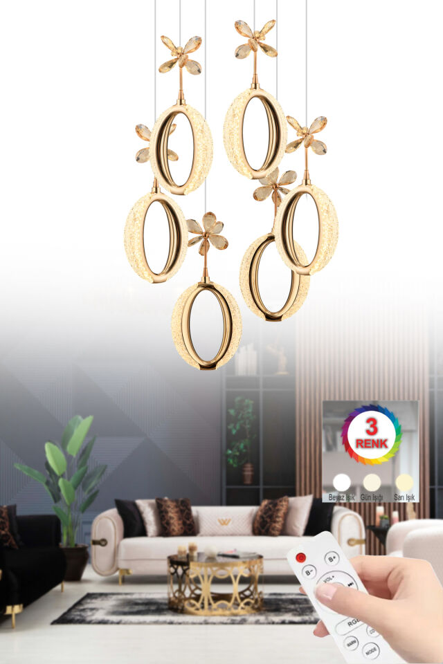 İstanbul Avize Zeus 6'lı Gold Kumandalı 3 Renk Ledli Modern Led Avize