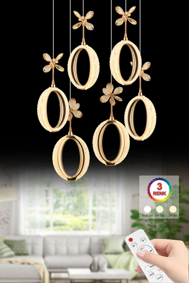İstanbul Avize Zeus 6'lı Gold Kumandalı 3 Renk Ledli Modern Led Avize