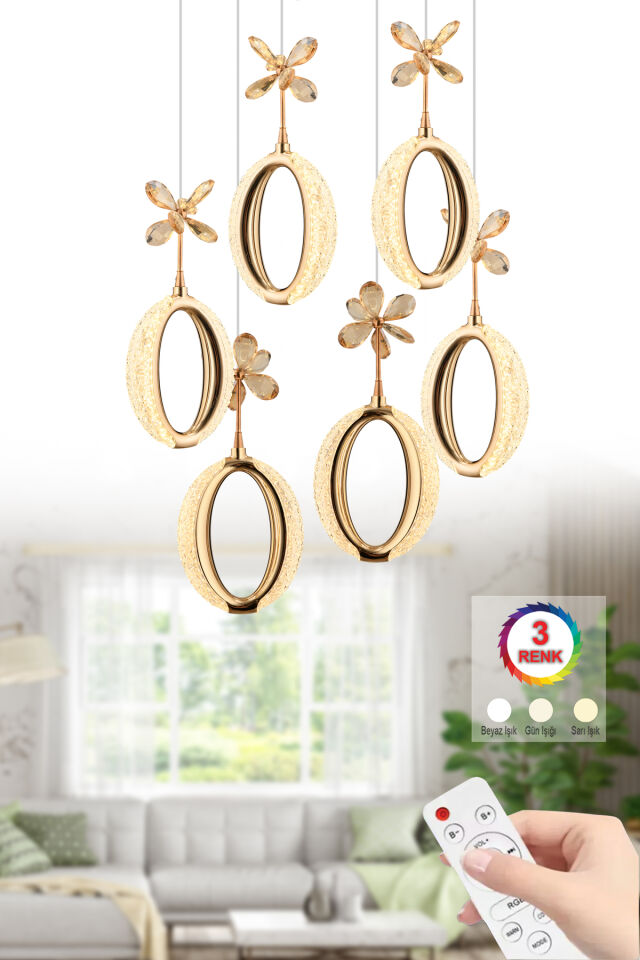 İstanbul Avize Zeus 6'lı Gold Kumandalı 3 Renk Ledli Modern Led Avize