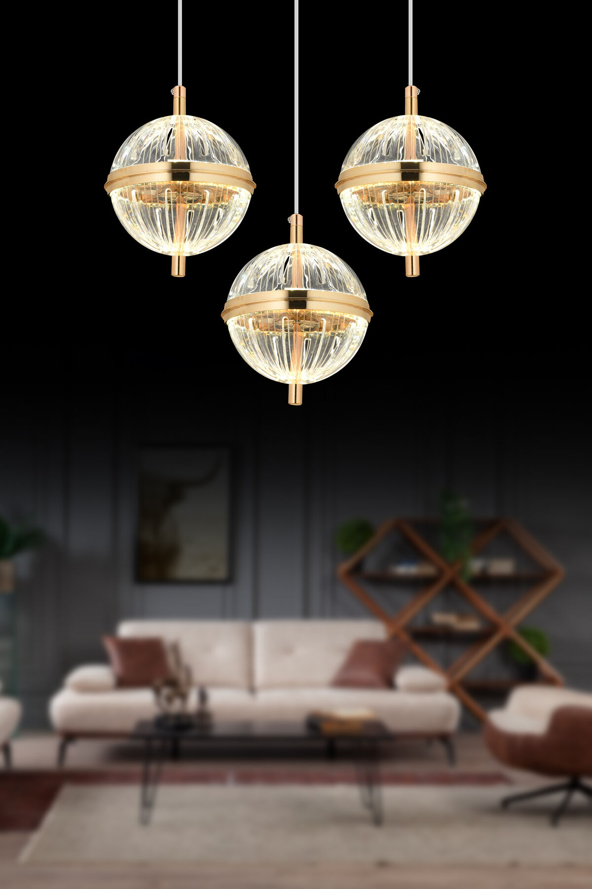 Küre 3'lü Gold 3 Renk Gold Led Modern Ledli Avize