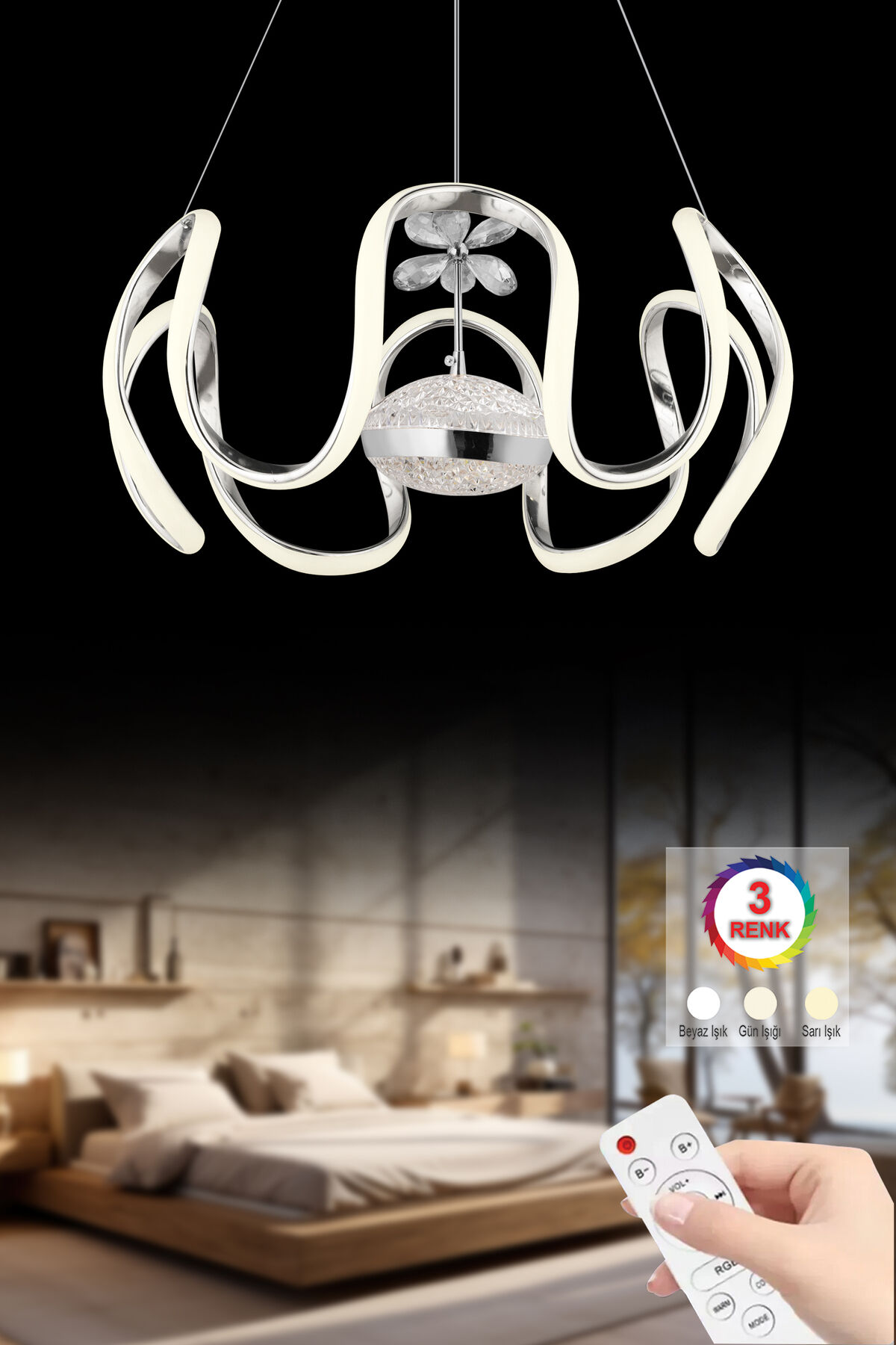 Sina Kumandalı Gümüş 3 Renk Ledli Modern Lüx Salon Led Avize