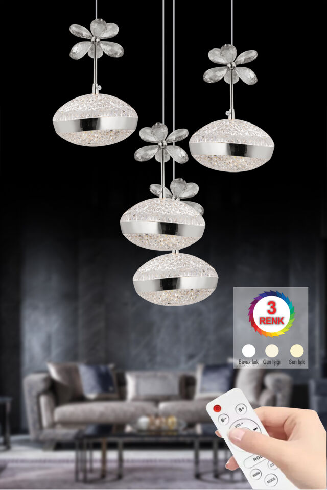 Sarkıt 4'lü Gümüş Lina Kumandalı Ledli Modern Lüx Led Avize