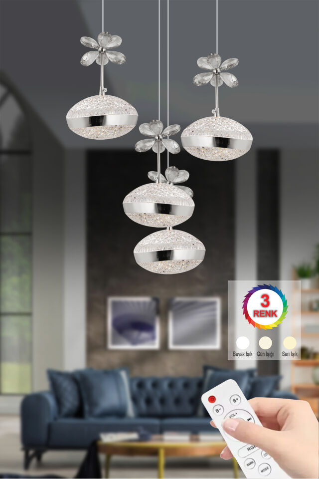 Sarkıt 4'lü Gümüş Lina Kumandalı Ledli Modern Lüx Led Avize
