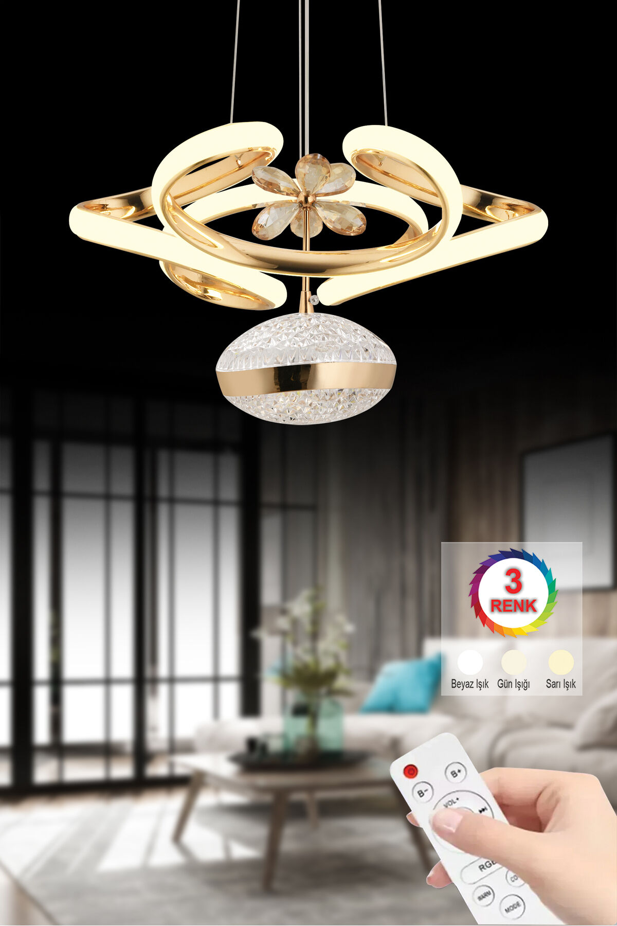 Lina Tekli Gold Dreon Kasalı 3 Renk Kumandalı Ledli Modern Led Avize