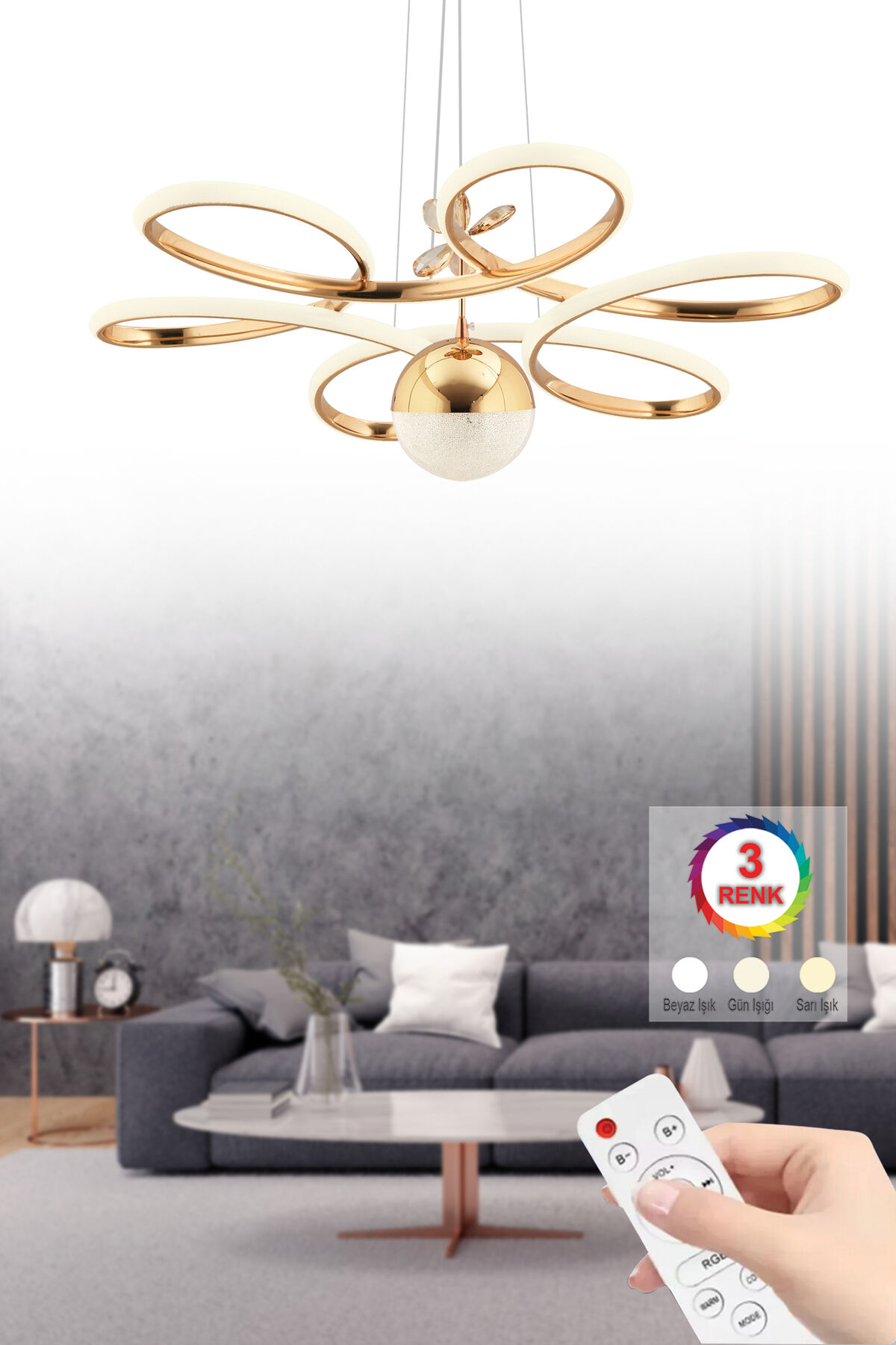 İstanbul Avize Papatya Gold 3 Renk Ledli Kumandalı Modern Led Avize