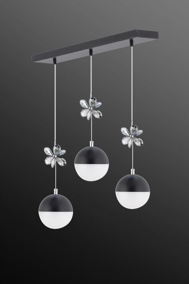 Kelebek 3'lü Yemek Masası Siyah Modern 3 Renk Ledli Taşlı Led Avize