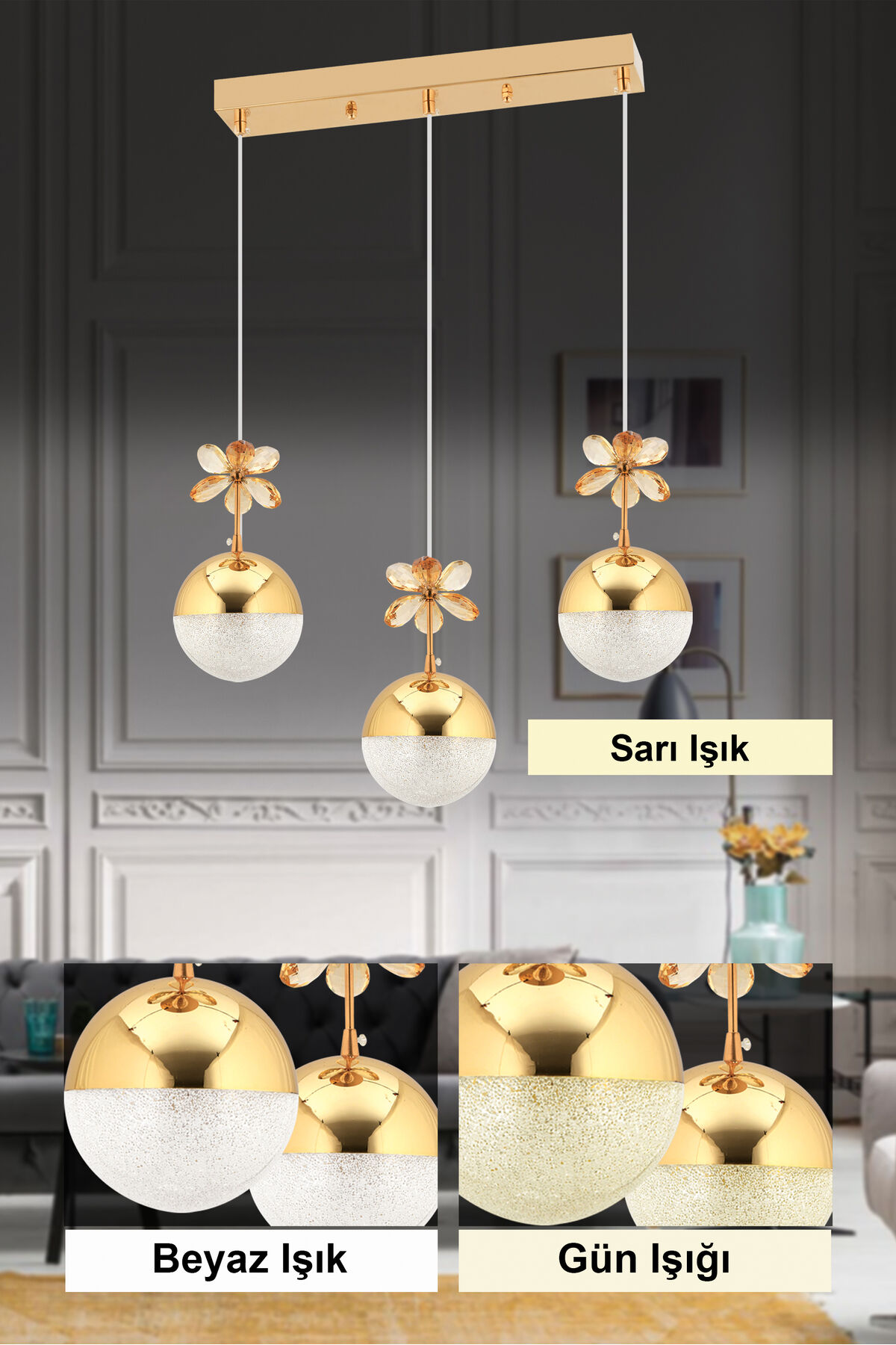 Kelebek 3'lü Sıralı Gold 3 Renk Kademeli Led Avize