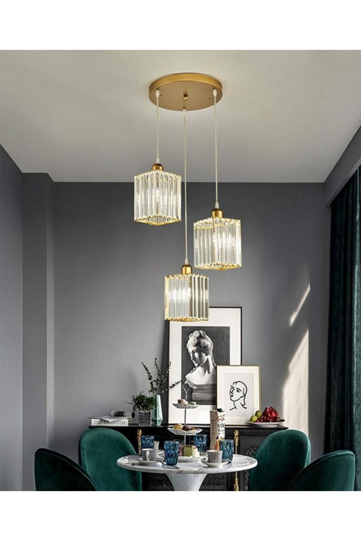 Dolunay 3'lü Gold K-12 Kristal Taşlı Avize