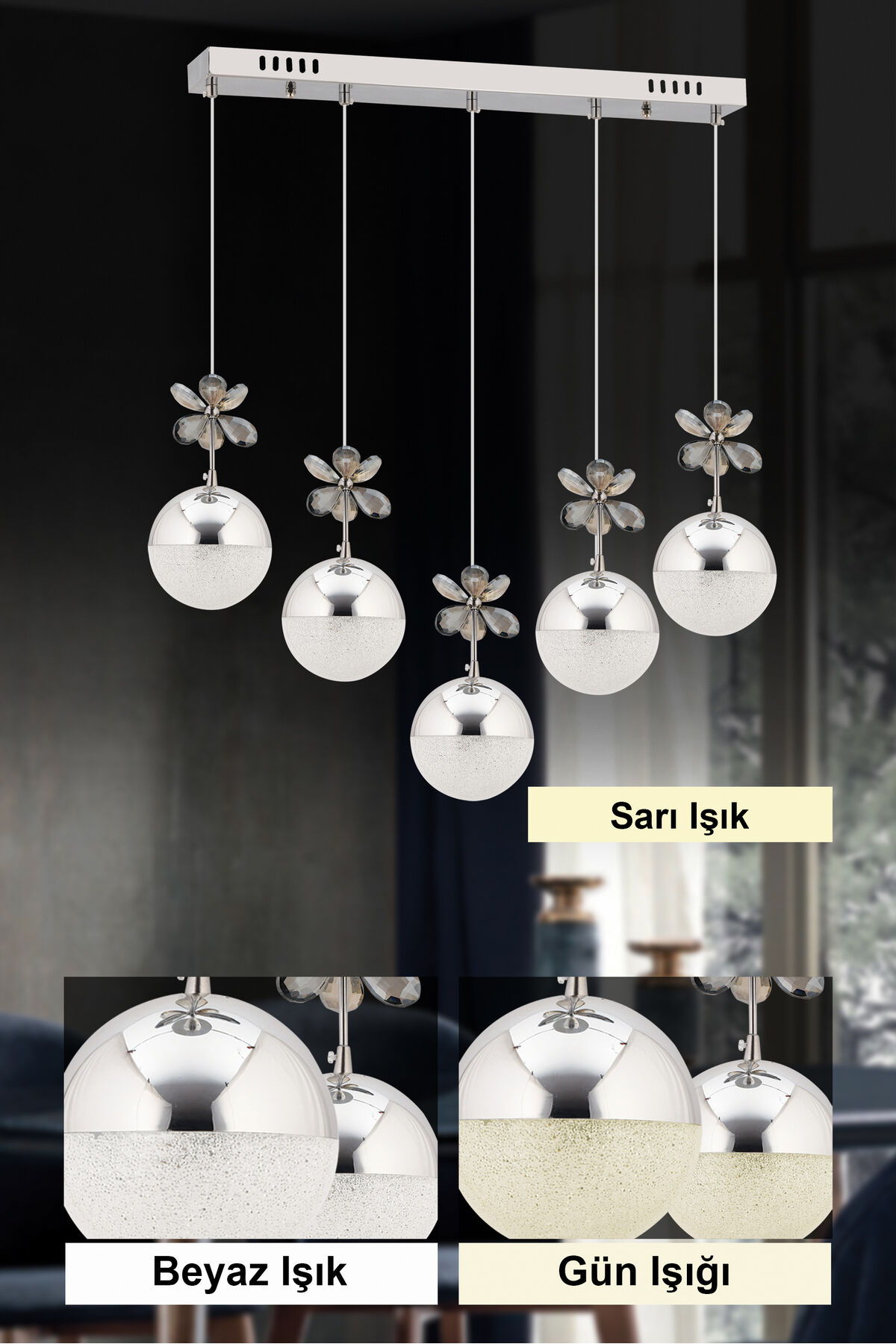 Kelebek 5'li Sıralı Gümüş Üç Renk Ledli Kristal Taşlı Avize