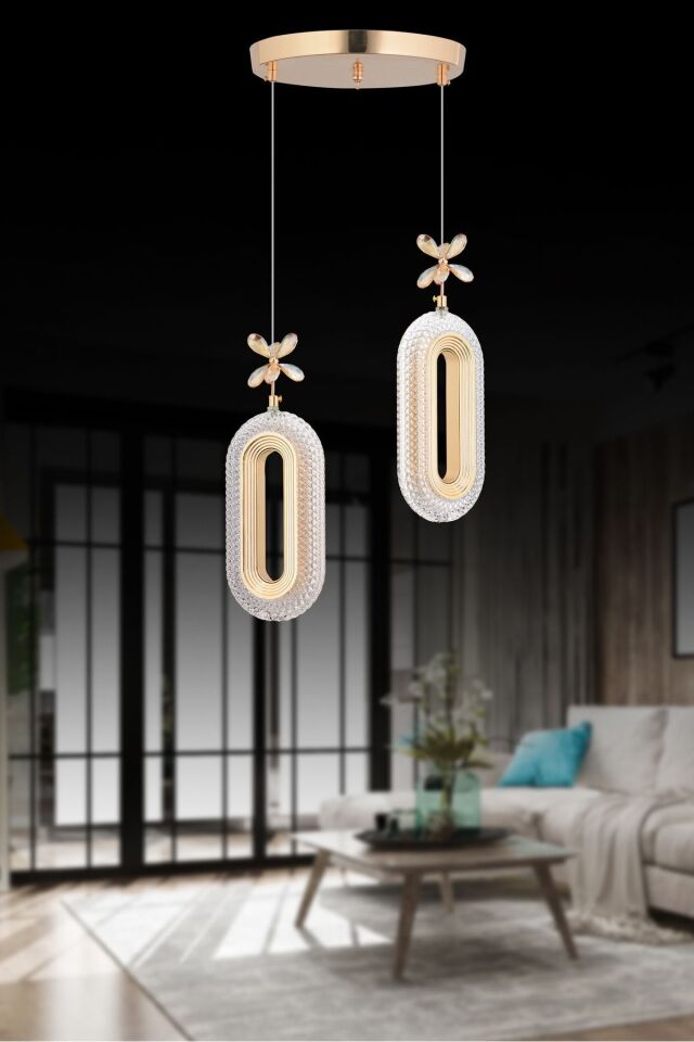 Led Alfa 2'li Gold Kumandalı 3 Renk Ledli Modern Led Avize