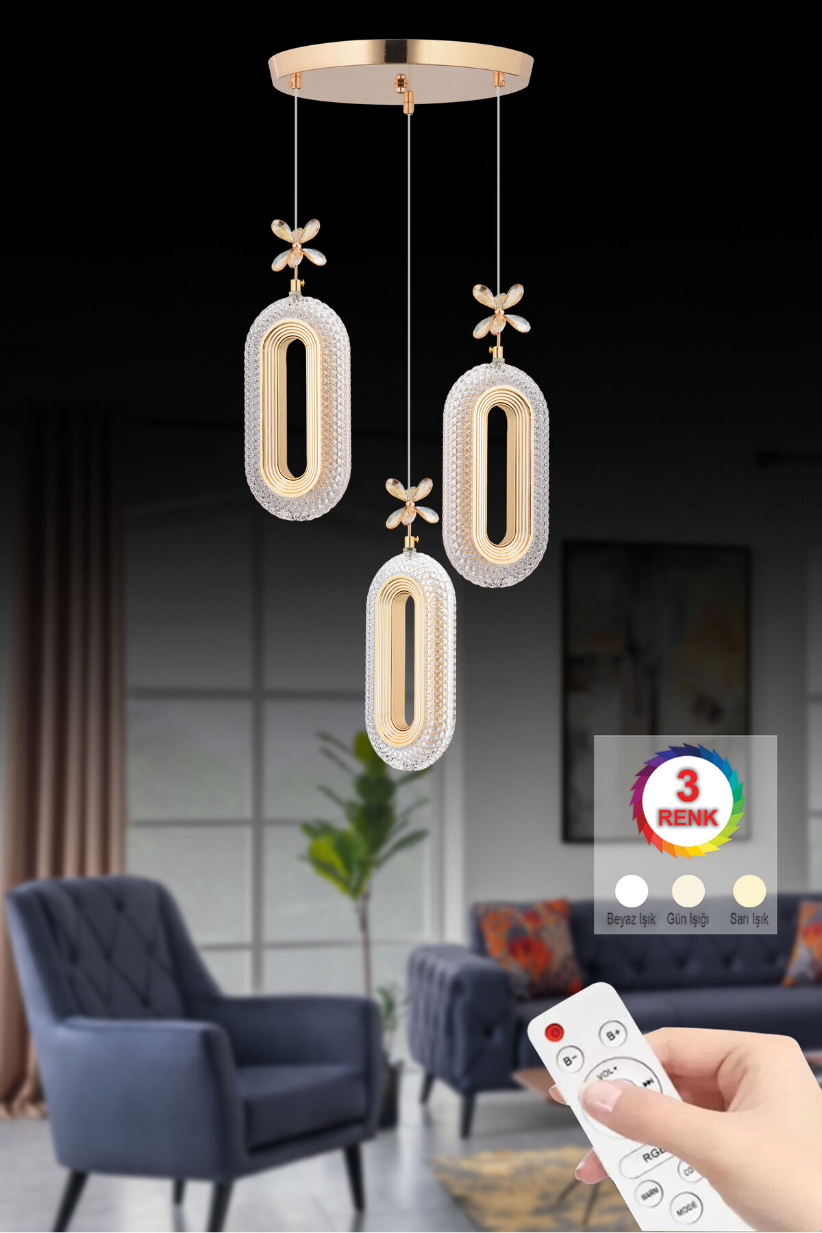 Led Alfa 3'li Gold Kumandalı 3 Renk Ledli Modern Led Avize