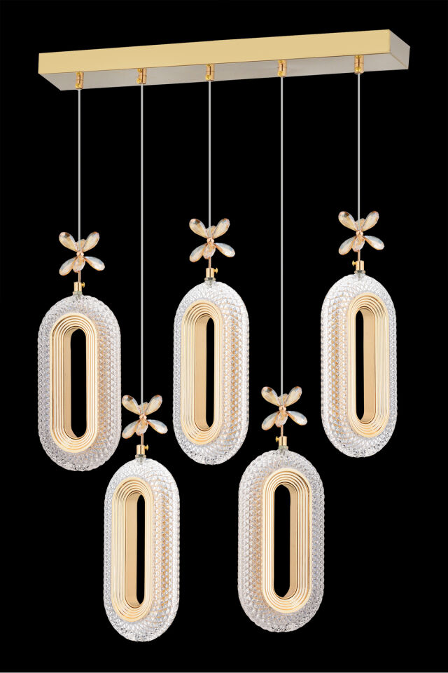 Led Alfa 5'li Sıralı Gold 3 Renk Ledli Kumandalı Yemek Masası Modern Led Avize